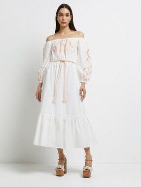 NWT River Island Floral Lace Belted PuffSleeve Maxi Dress